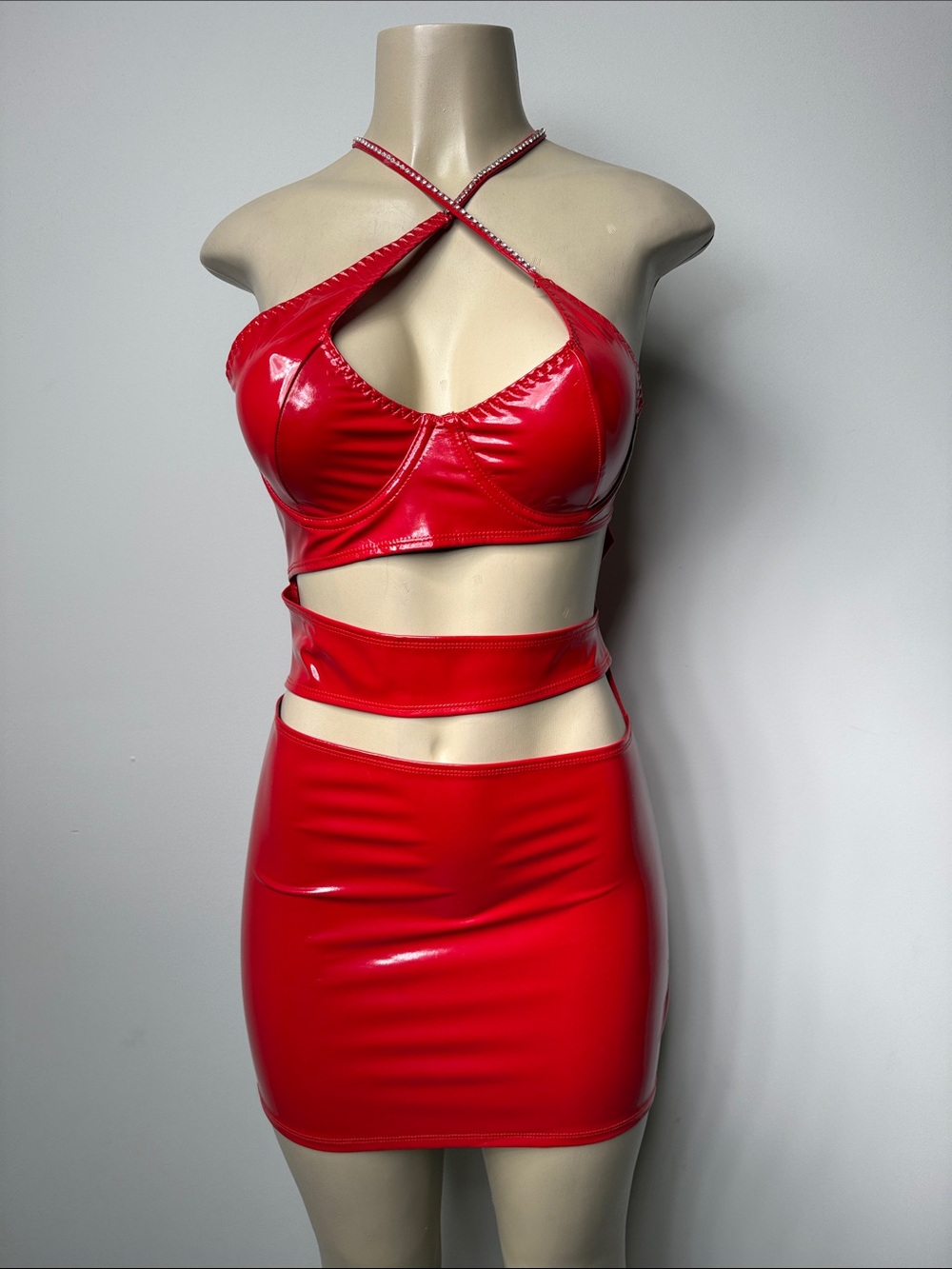 Red Vegan Leather Cutout Mini Skirt